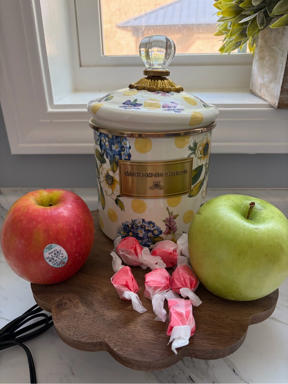 MacKenzie-Childs Yellow and Blue Floral Ceramic Canister with Glass Knob